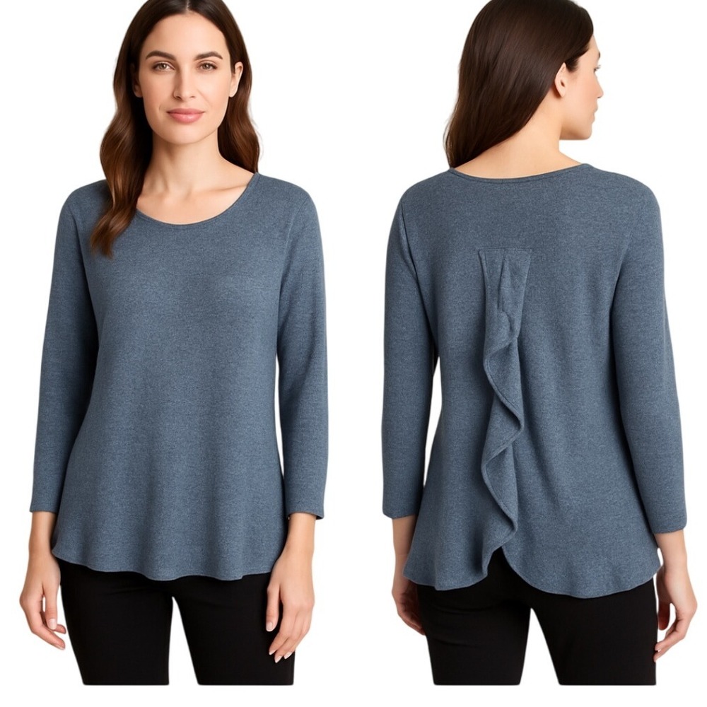 Aqua Silk Cashmere Blend Ruffle Back‎ 3/4 Sleeve Sweater Top M